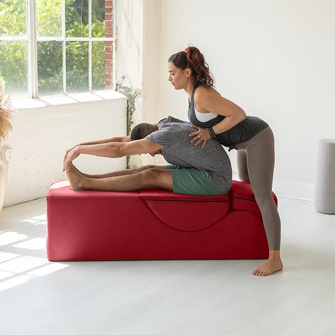 Avana Kami Convertible Chaise/Bed Bench for Yoga & Massage - 2-in-1 End of Bed Ottoman with Concealed Fold Out Yoga Lounge Chair, 22" Wide, Microvelvet Red