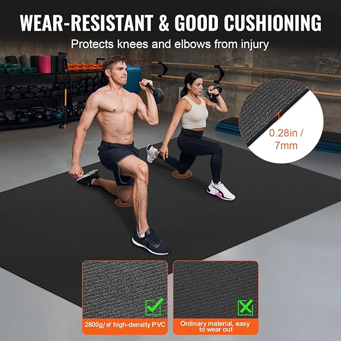 VEVOR Large Exercise Mat, 12'x6'/10'x6'/9'x6'/8'x6'/8'x5'/7'x5'/6'x4' (7mm) Extra Thick, Non Slip High Density Premium Workout Mat, Exercise Yoga Mat for Men & Women, Fitness & Exercise Mat with Bag & Carry Strap, for All Types of Home Yoga, Pilate & F...