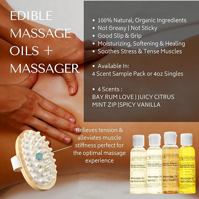 RD Alchemy - 100% Natural & Organic Edible Massage Oil 2-Piece Set - 4-Flavor Sample Pack + Body Massager. for Smooth, Sensual and Deep Tissue Massage.