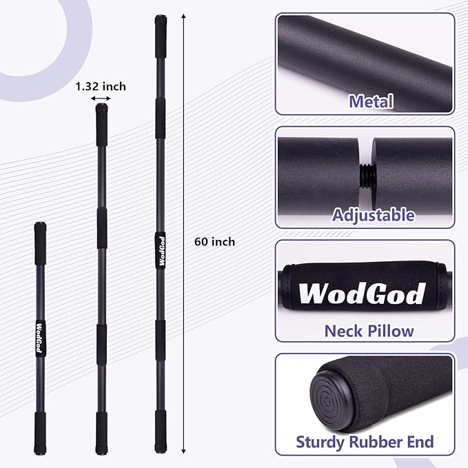 5 FT Yoga Exercise Stick,Adjustable Length for 2.5/3.75/5FT,with Non-Slip Rubber Ends and Neck Pillow,Perfect for Stretching, Exercise,Physical Therapy,Posture Corrector,Balance Support Stick,Flexibility,Black
