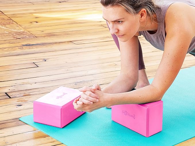Sol Living Yoga Blocks 2 Pack High Density EVA Foam Yoga Cushion Stretching Pilates Meditation Exercise Equipment Support Deepen Poses Odor Free Non Slip Yoga Accessories - 4" x 6" x 9"- Pink