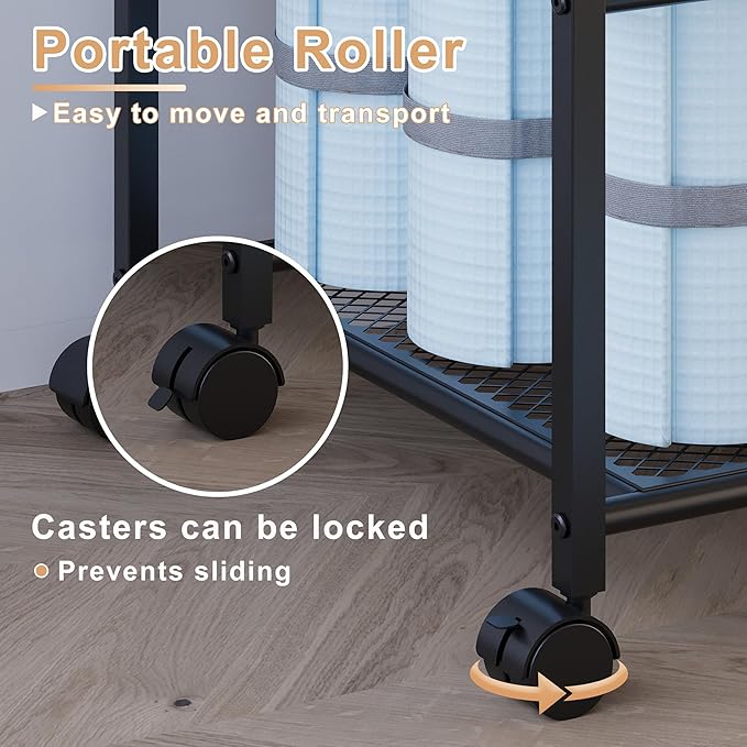 Yoga Mat Storage Rack with Wheels, Yoga Mat Rack for Fitness Class, Home, Gym, Workout Room, Home Gym Storage with Rounded Corners, Large-Capacity, Easy Assembly, Black