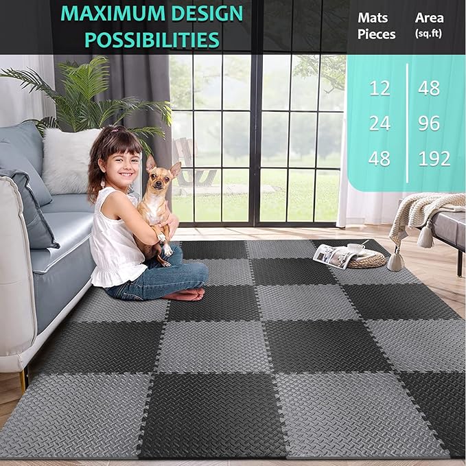 BEAUTYOVO Puzzle Exercise Mat with 12/24/48 Tiles Interlocking Foam Gym Mats, 24'' x 24'' EVA Foam Floor Tiles, Protective Flooring Mats for Gym Equipment