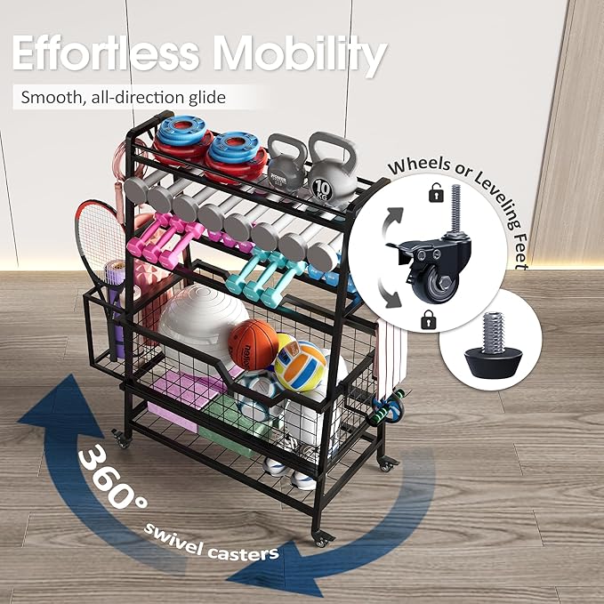 Dual-Sided Dumbbell Rack with Hooks & Wheels, Adjustable Home Gym Storage Rack for Dumbbells, Kettlebells, Balls, Yoga Mats, Ab Roller, Weight Rack Organizer for Workout Equipment