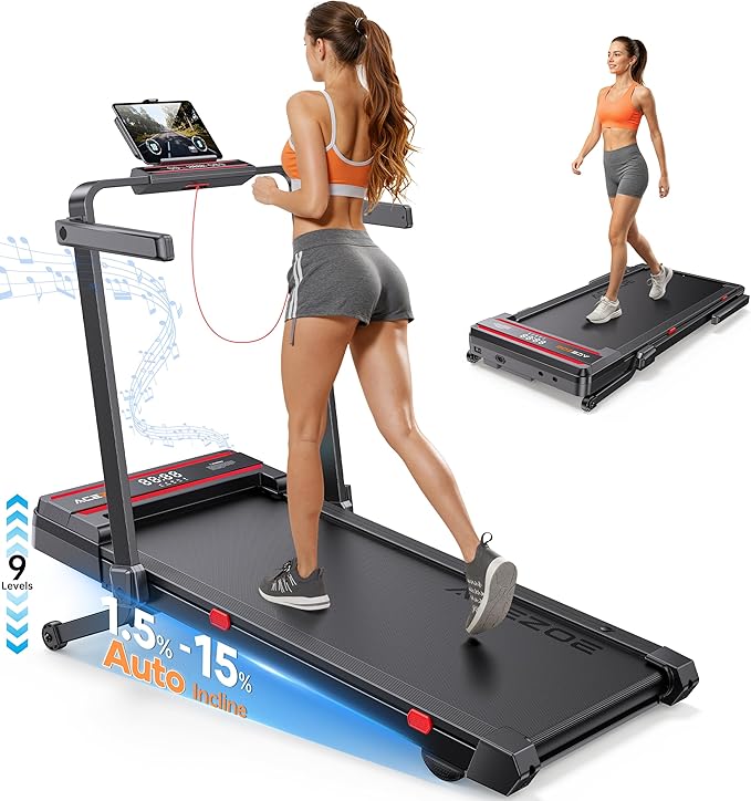 Foldable Walking Pad with 0-15% Auto Incline and Handle Bar, Under Desk Treadmill with 300LBS Weight Capacity, 3.0HP Quiet Treadmills for Home with Speaker, APP & Remote Control