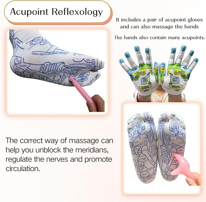 Reflexology Socks with Gloves Tools Set, 2 Pairs Foot Massage Socks for Men Women, Reflexology Socks with 5pc Tools, Socks with Trigger Point, Acupressure Massage Socks for Women and Men