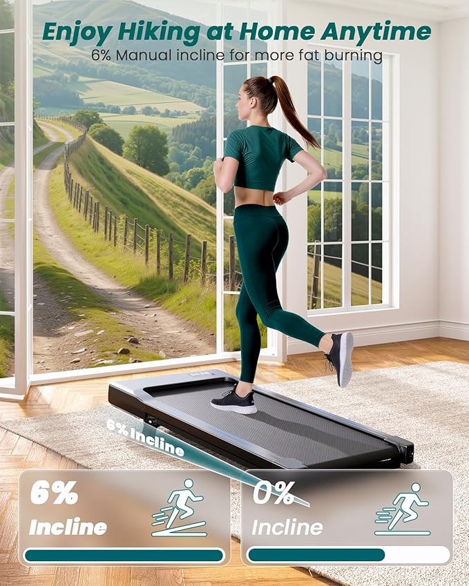 DeerRun Under Desk Walking Pad Treadmill for Home Office & Small Spaces, 6% Manual Incline, 0.6–3.8 MPH Walking Speed, 2.5 HP, 300 lb Capacity, App & Remote Control