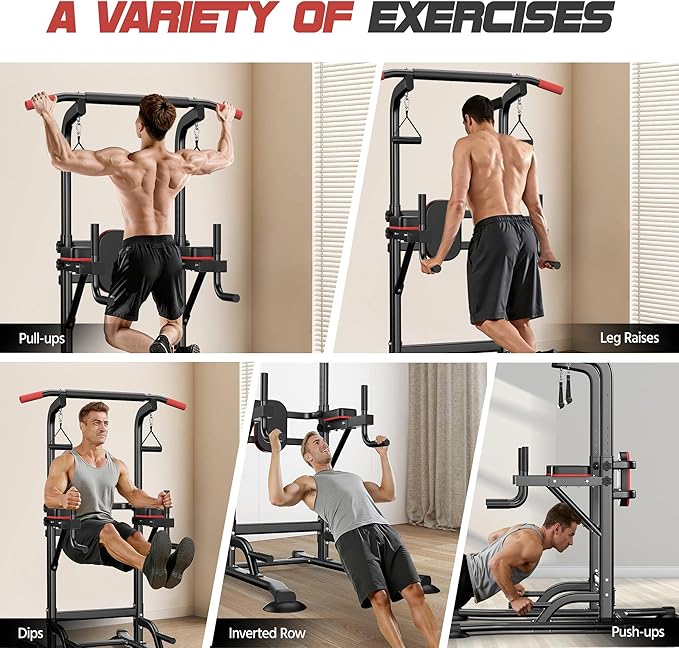 Power Tower Pull Up Bar Free standing with Resistance Bands, 350LBS Heavy Duty Alloy Steel Dip Station for Home Gym Strength Training, Adjustable Height Workout Equipment