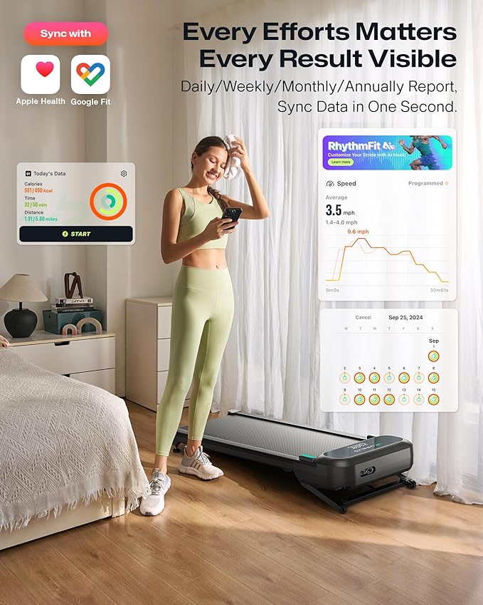 UREVO Auto Incline Walking Pad with AI App, Brushless Quiet Motorized Treadmill for Apartments, 9% Power Incline Standing Desk Treadmill, 12-Point Shock Absorption & Immersive Hiking