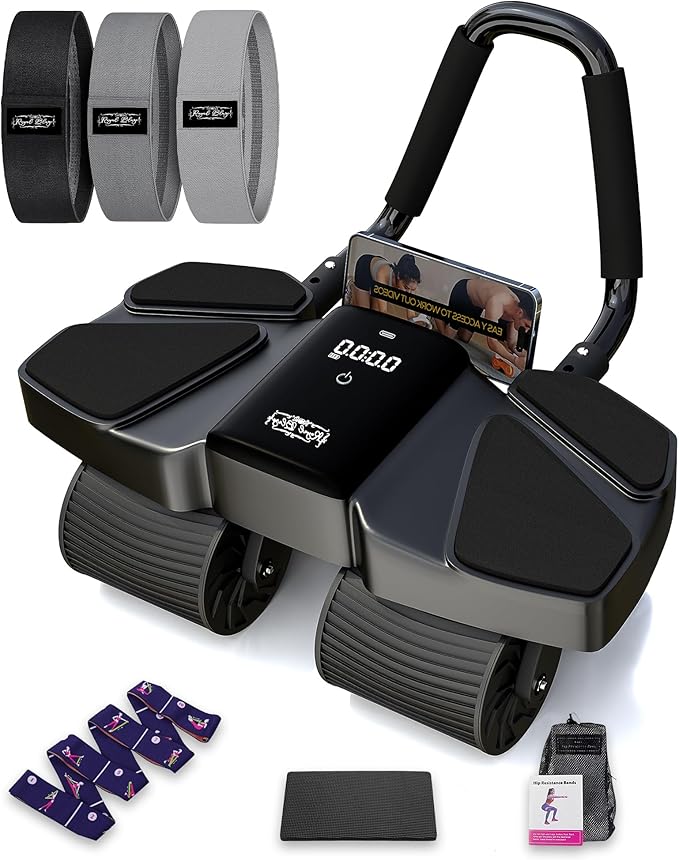 Ab Roller Home Gym Equipment – 4 Wheels Ab Wheel Muscle Roller with LCD Screen, Yoga Stretching Strap, 3 Resistance Bands – Comfortable Elbow Support with Non-Slip Handles – Time and Calorie Count
