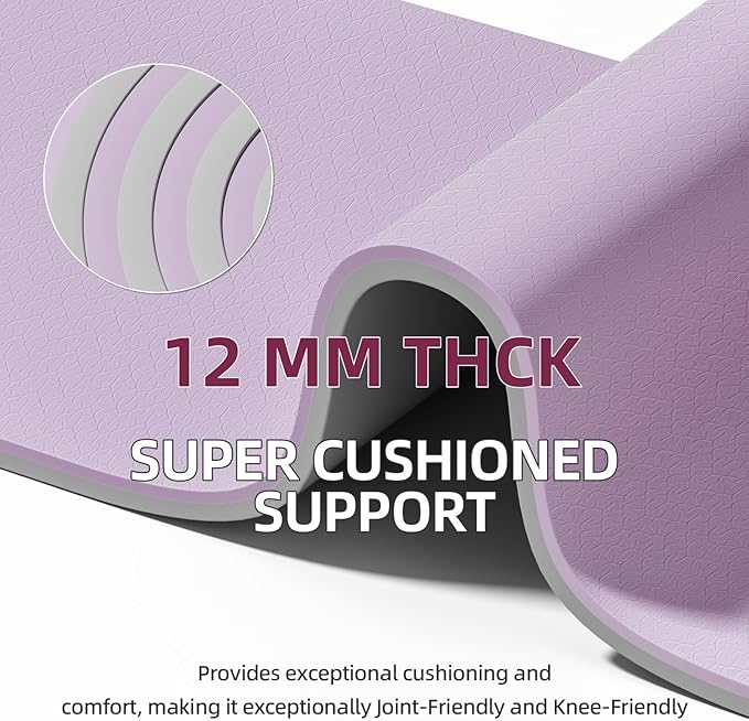 Extra Thick 12mm TPE Exercise Yoga Mat with Strap, 1/2 Inch Non-slip Workout Mat for gymnastics, Pilates, Home, Workout, Gym Floor Fitness