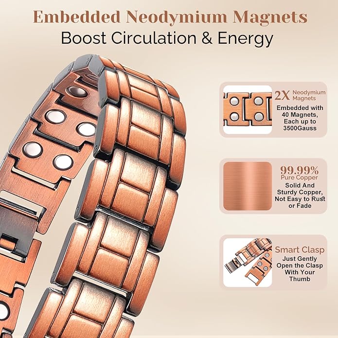 JEROOT Men's 99.99% Pure Copper Magnetic Bracelet, 3500 Gauss Magnets Adjustable with Sizing Tool