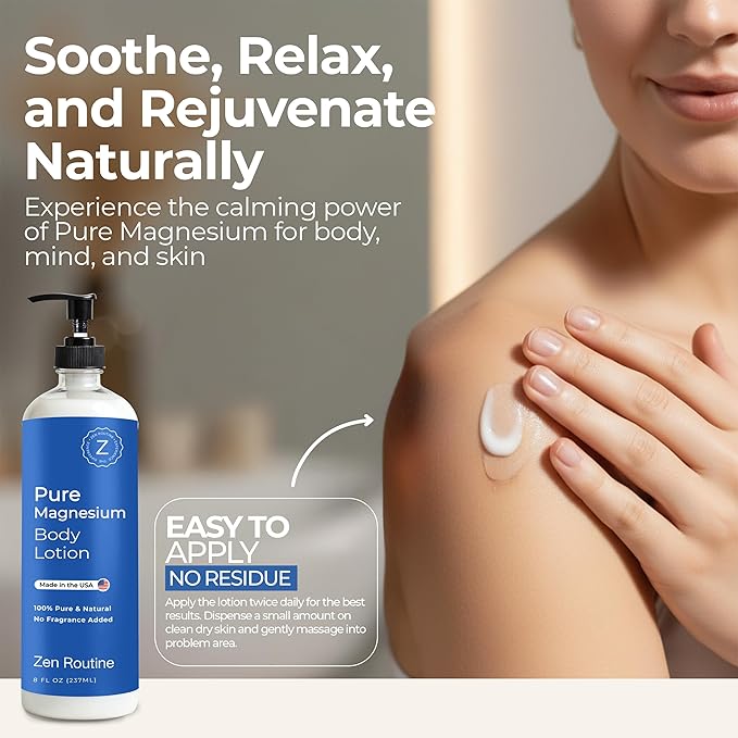 Zen Routine Magnesium Lotion for Sleep, Leg Cramps & Muscle Soreness with Shea Butter | Award-Winning Cream For Sleep – Safe for Kids – Unscented, Non-Greasy, Ultra Soothing – Made in USA