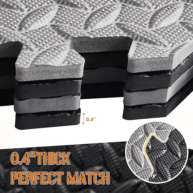 GWT Home Gym Flooring Tiles, EVA Interlocking Puzzle Exercise Mat for Workout Equipment, Floor Protection & Kids Play Area, Black Foam Tiles, 24"x24", 0.4 Inches Thick Covers 48 Sq Ft (12 Tiles)