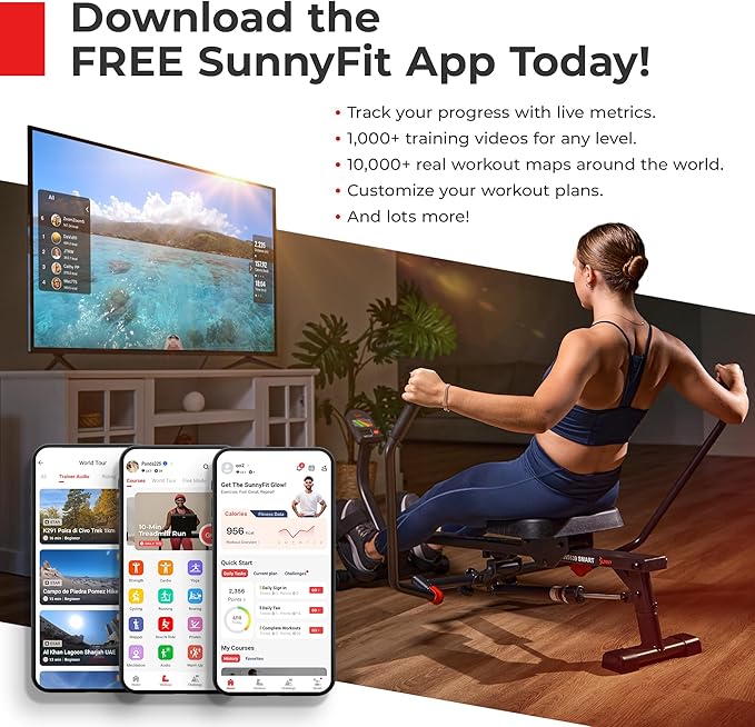 Sunny Health & Fitness Row-N-Ride PRO, Full Body Combo Squat Machine w/Optional Resistance Band, Easy Setup Ab Workout Exercise Equipment for Home, Whole Body Cardio, Optional SunnyFit App Connection