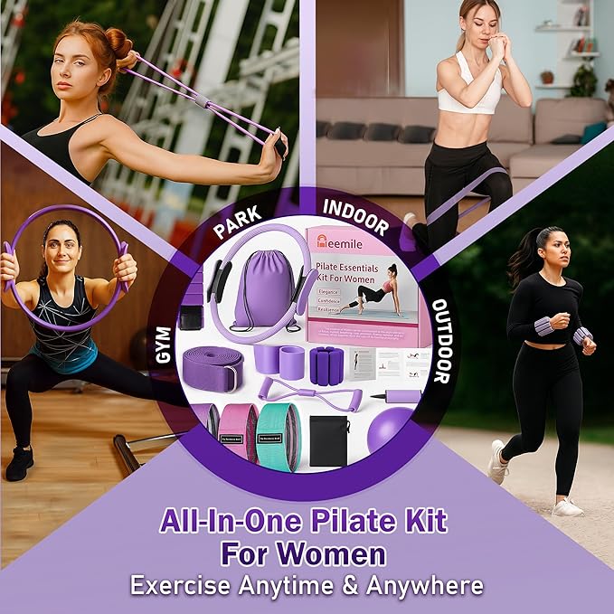 Pilates Starter Kit for Home - Better Pilates Essential Equipment with Adjustable Ankle Wrist Weights, Resistance Bands, Magic Circle Ring, Yoga Ball & Workout Accessories for Women Fitness Toning