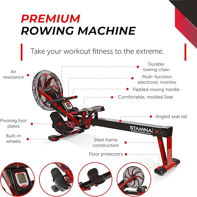 Stamina X Air Rower - Rower Machine with Smart Workout App - Rowing Machine with Air Resistance for Home Gym Fitness - Up to 250 lbs Weight Capacity - Black/Red