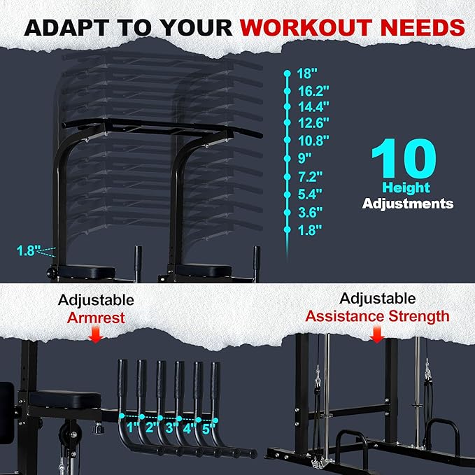 soges Power Tower Dip Station with Assisted Pad, Height Adjustable Pull Up Bar Station for Home Gym, Multi-Function Strength Training Full Body Workout Equipment, 330 Lbs, Black