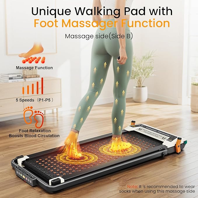 2 Side Walking Pad Treadmill with Incline Massage Function, 2 in 1 Under Desk Treadmills Walking Pad and Foot Massager for Home/Office, Portable Treadmill with Remote Control LED Display