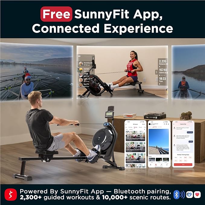 JLL Magnetic Rowing Machine – Foldable Rower for Apartments & Home Gyms, 16 Resistance Levels, Bluetooth with SunnyFit App, Easy-Glide Wheels, Tilt-to-Store Upright Design