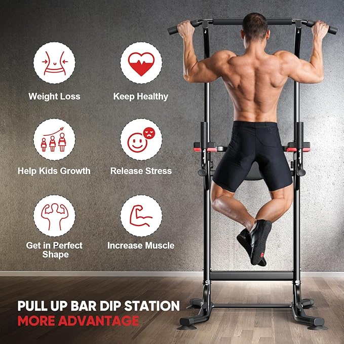 Pull Up Bar Station, Adjustable Multifunction Power Tower Dip Bar Station Home Gym Strength Training Workout Equipment for Pull-up Push-up Dips (Black-Classic).