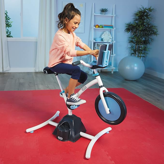 Little Tikes Pelican Explore & Fit Cycle Adjustable Play Fitness Exercise Equipment Stationary Bike with Videos and Built-in Bluetooth Speaker, For Kids Ages 3-7 Years, WHITE, BLUE