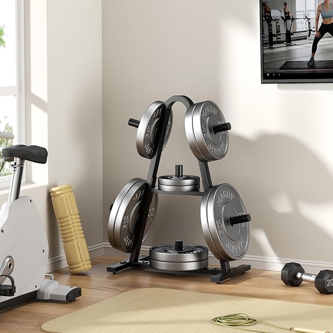 Olympic Weight Plate Rack 400LBs, Heavy Duty Weight Tree Rack for 2-Inch Plates, Barbell & Bumper Plate Storage, Free Weight Rack & Gym Plate Holder for Home Gym