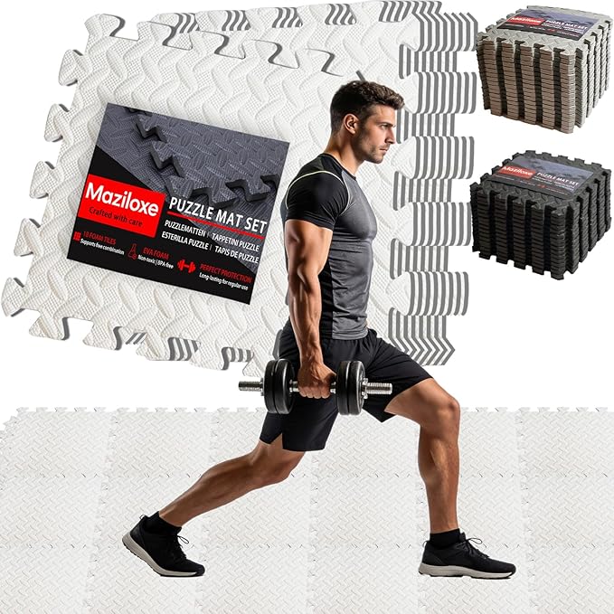 18 Pack Interlocking Gym Flooring Mats for Home Gym, 0.4 Inch Thick Non-Slip EVA Foam Puzzle Exercise Tiles with Edge Strips, Shock Absorption for Workout, Yoga, Treadmill, Garage, Basement