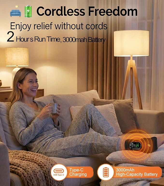 Foot Massager for Neuropathy Plantar Fasciitis Pain Relief, Cordless Heated Vibrating Cloud-Soft Ankle Wrap Feet Massage, Portable 2H Run Time, 6 Heats, 3 Modes, Auto-Off Timer, 1pcs