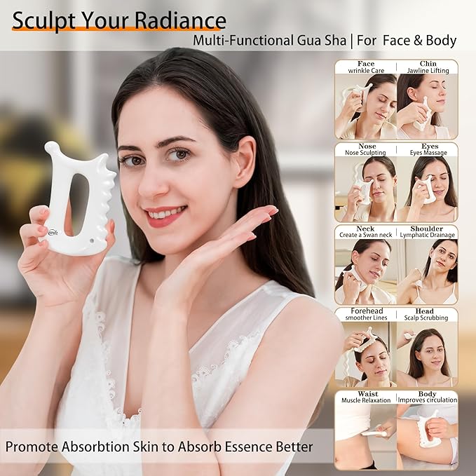 Ceramic 6‑in‑1 Gua Sha Tool for Face & Body, Jawline Sculpting, Double Chin Reduction, Lymphatic Drainage, Trigger Point Manual Massage Tool, Self-Care Gift Box for Women, White