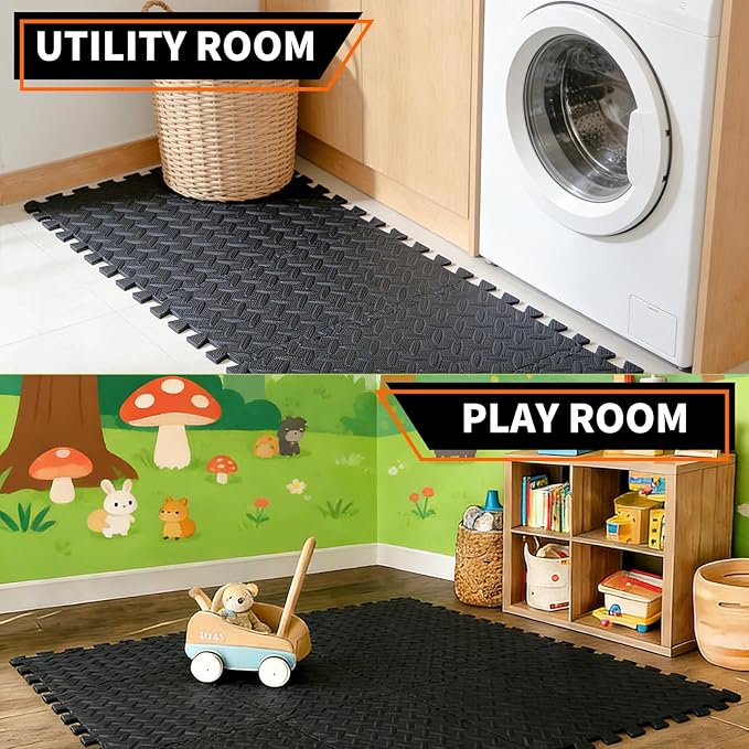 18 Pack Interlocking Gym Flooring Mats for Home Gym, 0.4 Inch Thick Non-Slip EVA Foam Puzzle Exercise Tiles with Edge Strips, Shock Absorption for Workout, Yoga, Treadmill, Garage, Basement