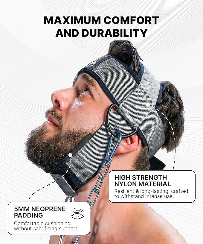 DMoose Fitness Neck Harness for Weight Lifting - Soft Padded Head & Chin Strap with 30" Heavy Duty Steel Chain - Neck Exerciser, Trainer & Strengthener to Support Injury Recovery and Intense Workouts