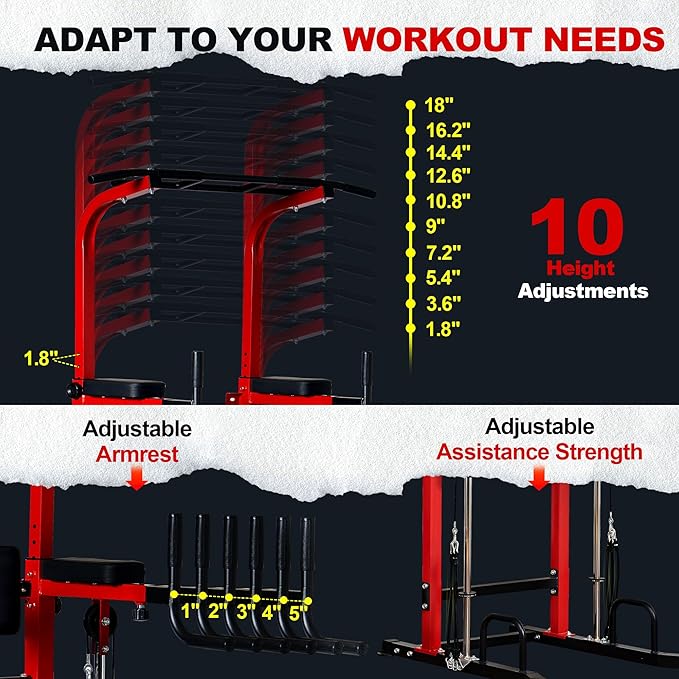 soges Power Tower Dip Station with Assisted Pad, Height Adjustable Pull Up Bar Station for Home Gym, Multi-Function Strength Training Full Body Workout Equipment, 330 Lbs, Red
