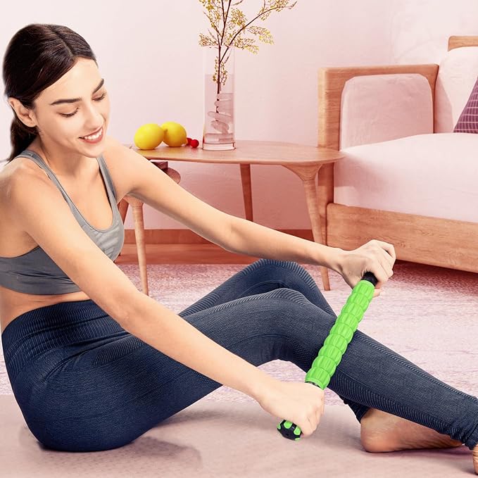 YANSYI 9-Roller Massage Stick - Deep Tissue Muscle Roller for Athletes, Relieves Post-Workout Soreness & Leg Back Pain, Portable Physical Therapy Tool (Green)