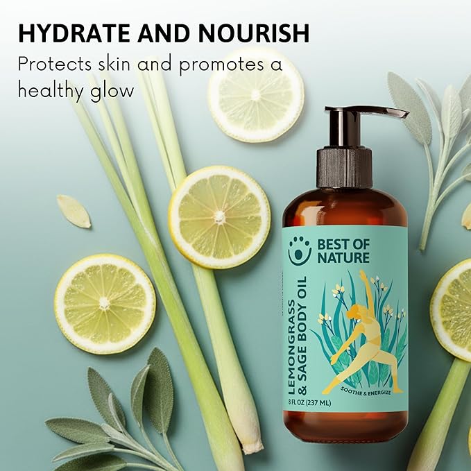 Best of Nature Lemongrass and Sage Massage Oil Blend - Non-Greasy Aromatherapy Massage Oil for Body, Skin & Face, Crafted with Pure Essential Oils (8 fl oz)