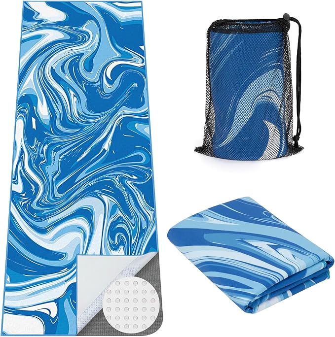 Yoga Mat Towel Cover with Large Corner Pockets, Non Slip Grip Microfiber Mat Cover Mat for Hot Yoga, Pilates and Gym Workout, 74" L x 26" W, Blue
