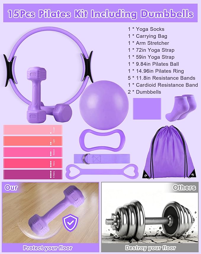 13/15Pcs Pilates Kit for Women, Pilates Equipment for Home Workouts with Magic Circle, Ball, Resistance Bands, Pilates Starter Set for Strength, Toning and Flexibility