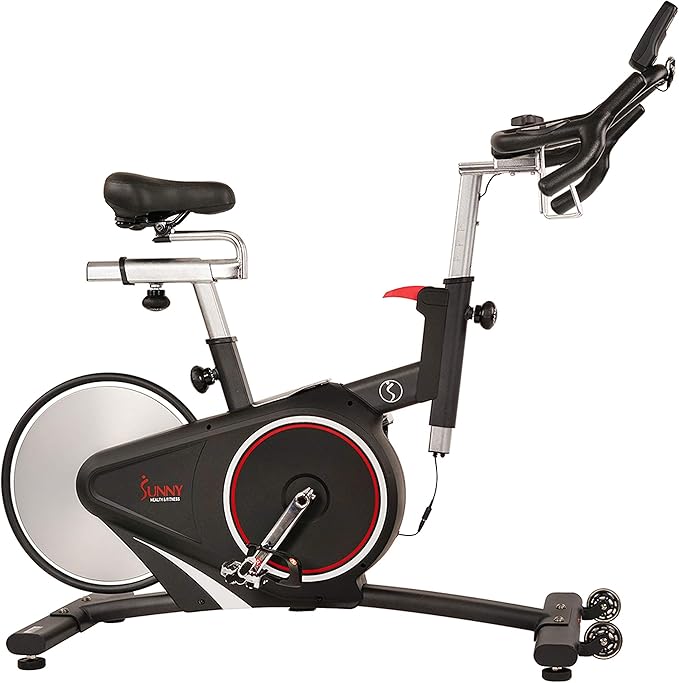 Sunny Health & Fitness Indoor Intensive Cycling Exercise Bike, Adjustable Cardio Training Exerciser w/Emergency Brake for Home, Optional Free SunnyFit App Bluetooth Link + Electromagnetic Resistance