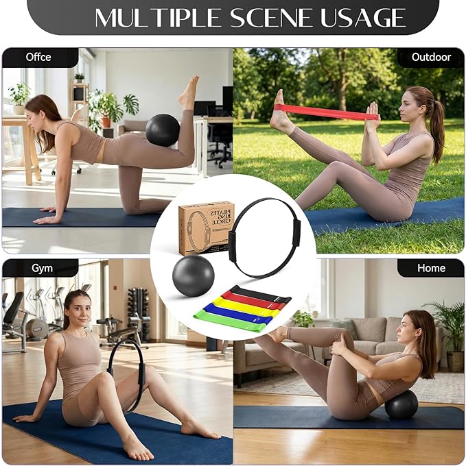 Pilates Kit, Pilates Ring and Ball Set with 5-Level Resistance Bands for Core Strength, Stretching, Toning & Full Body Home Workout Pilates Equipment