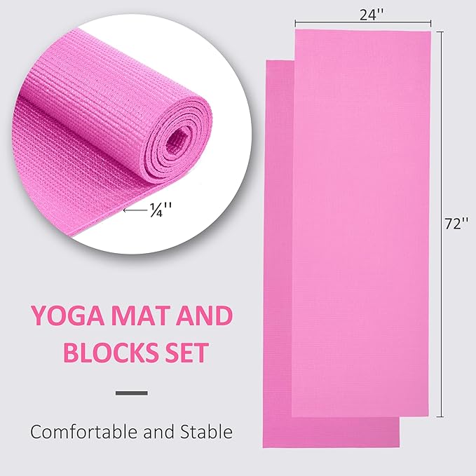 Signature Fitness All Purpose 0.25 Inch Thick High Density No Tear Exercise Yoga Mat with Strap & Lightweight Features for Indoor & Outdoor Use, Pink