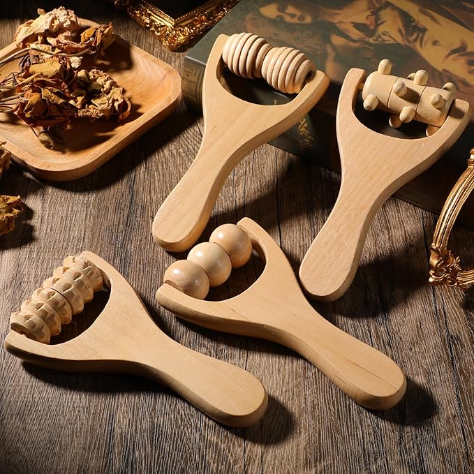 8Pcs Wooden Hand Massage Roller, 4 Types Muscle Roller Stick, Manual Wood Therapy Massage Tools Massager Rollers, for Relaxes Thigh, Leg, Hands Full Body Muscle Men Women