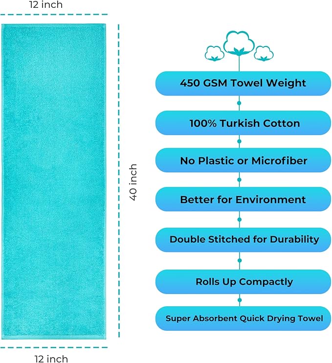 NUKURA 12’’ x 40’’, 450 GSM Sweat Towel, Extra Absorbency 100% Cotton Towel, Running, Neck Towel, Tennis, Camping, Turquoise