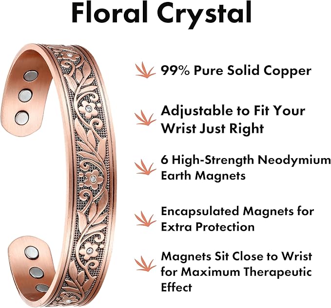 Earth Therapy Women's Floral Crystal Magnetic Copper Cuff Bracelet - Adjustable Sizing - Ultra Strength
