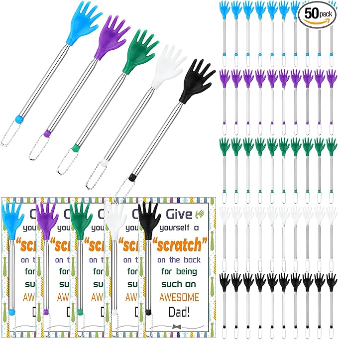50 Pcs Extendable Back Scratcher Bulk Father's Day Dad Gift Hand Shaped Retractable Back Scratcher with Gift Cards Bags Telescoping Massage Tool for Adults Men Church Birthday