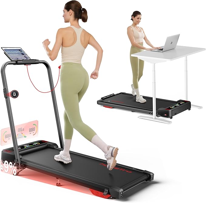 Walking Pad Treadmill with 9% Incline & Dual LED Display, 4 in 1 Foldable Treadmill with Handle bar for Home/Office, 3.5HP Portable Under Desk Treadmills with Magnetic Remote & APP Control