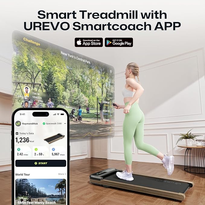 UREVO E4W Smart Walking Pad, Standing Desk Treadmill with Wood Grain Design, 8-Point Shock Absorption, Quiet Operation, Workout APP with Track Insights and MIIT Mode, Plug and Play, Remote Control