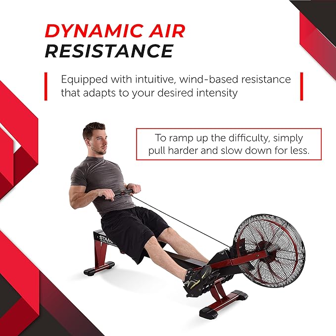 Stamina X Air Rower - Rower Machine with Smart Workout App - Rowing Machine with Air Resistance for Home Gym Fitness - Up to 250 lbs Weight Capacity - Black/Red
