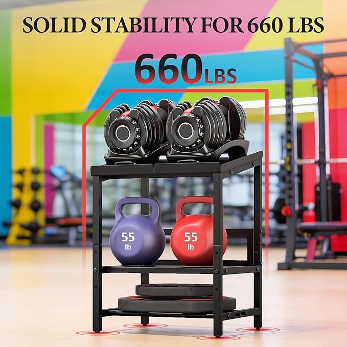 Adjustable Dumbbell Weight Rack Heavy Duty, 3 Tier Adjustable Dumbbell Stand 660LB Loading, Commercial Kettlebell Storage with Non-Slip Padded, Metal Kettlebell Stand for Home Gym Garage(Rack Only)