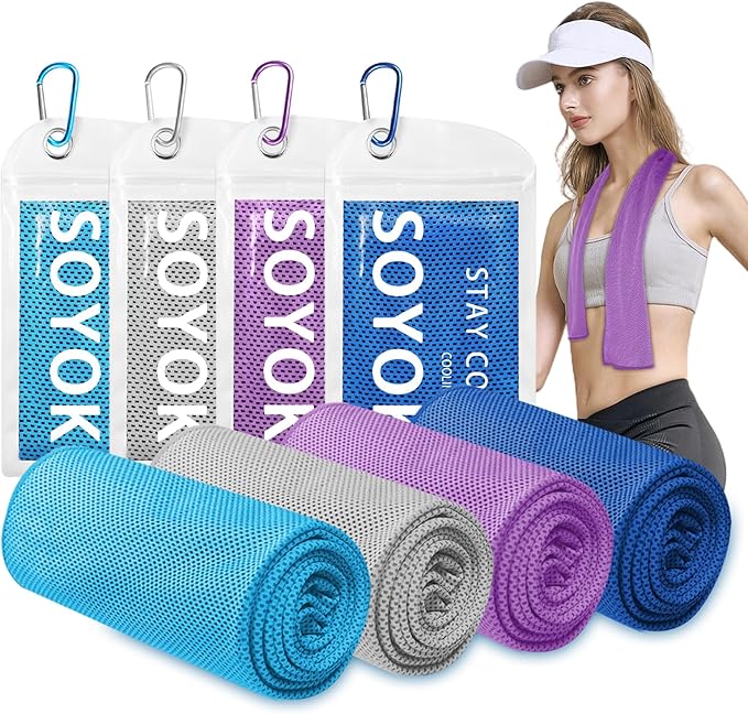 4 Packs Cooling Towels, 40" x 12" Microfiber Cooling Towels for Neck and Face, Soft Breathable for Working Out with Waterproof Bag & Carabiner, Suit for Climb,Travel, Running,Yoga