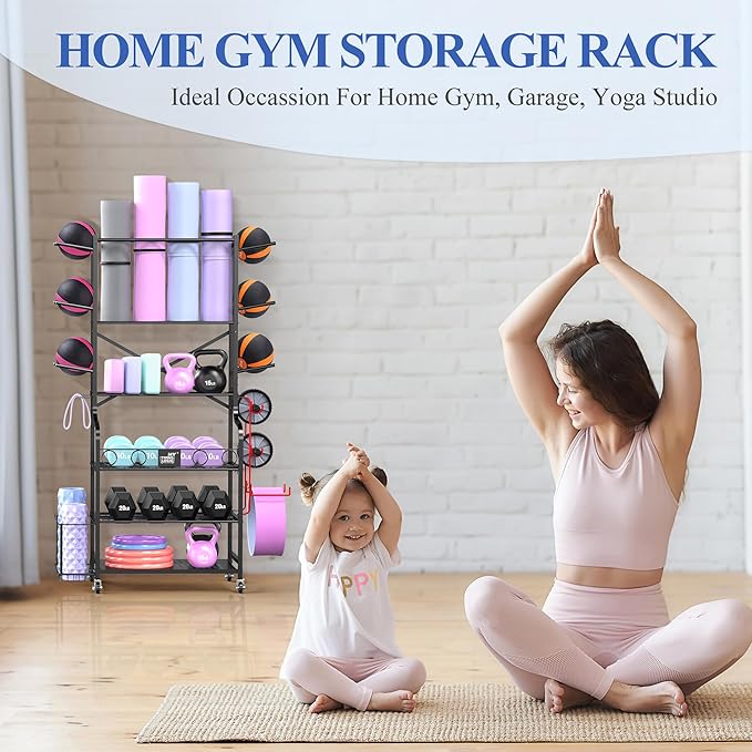 Mythinglogic Yoga Mat Storage Racks,Home Gym Storage Rack for Dumbbells Kettlebells Foam Roller, Yoga Strap and Resistance Bands, Workout Equipment Storage Organizer With Hooks and Wheels